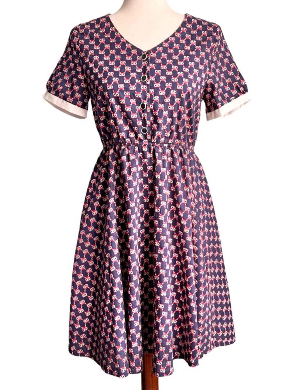 Kling ModCloth Retro Navy Red Panda Print Button Dress Med. Preppy Vintage Vibes